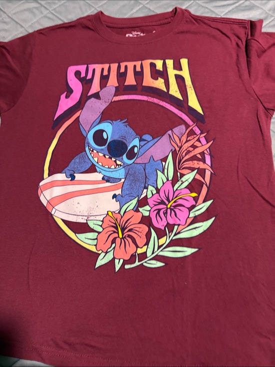 Disney Tops - Disney Youth Stitch Surf Graphic Tee - Maroon with Blue & Pink Accents